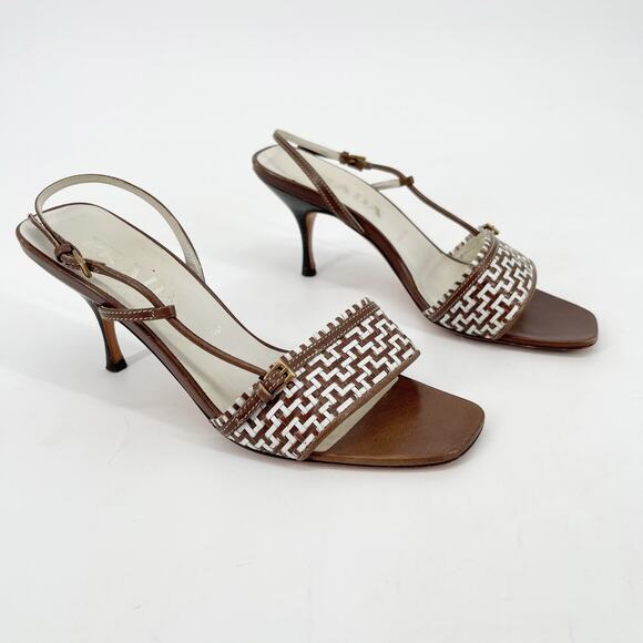 Vintage Prada Brown White Woven Leather Square Toe Slingback Heels IT 36.5 - Picture 1 of 12